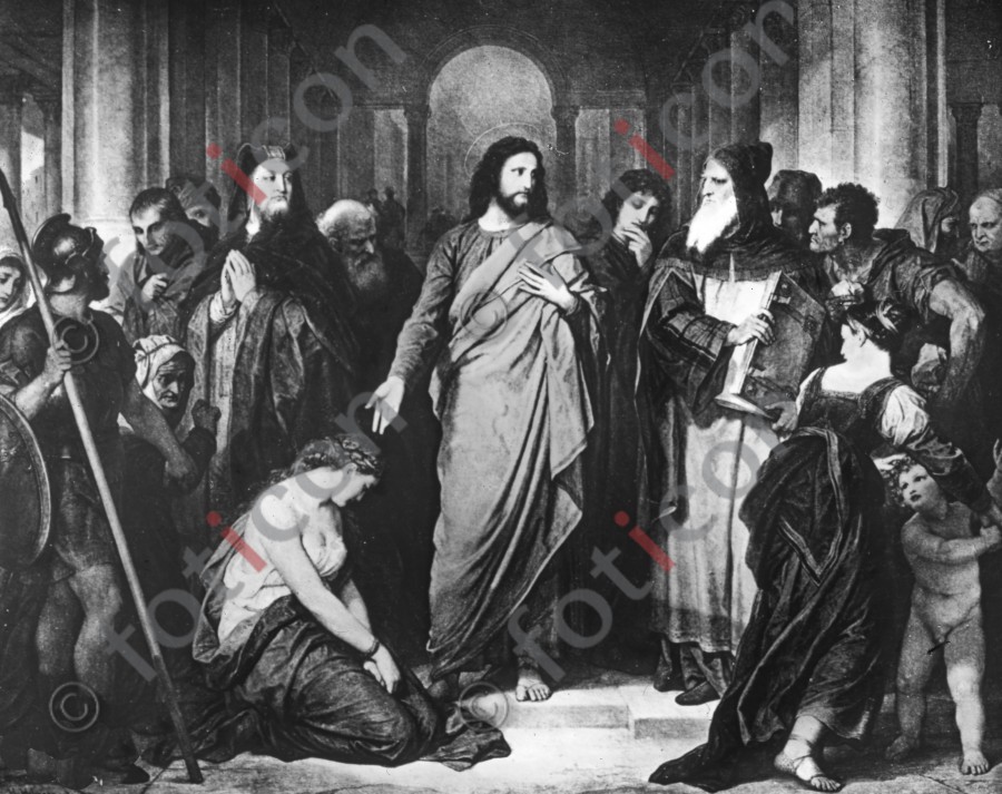 Jesus und die Ehebrecherin | Jesus and the adulteress - Foto simon-134-074-sw.jpg | foticon.de - Bilddatenbank für Motive aus Geschichte und Kultur